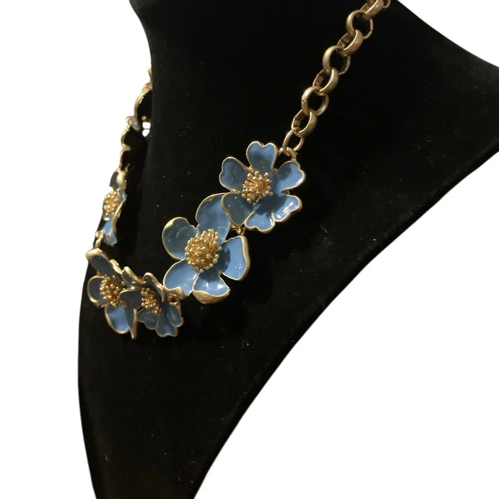 Blue Enamel 3D Flower Gold Tone Necklace - Picture 6 of 6